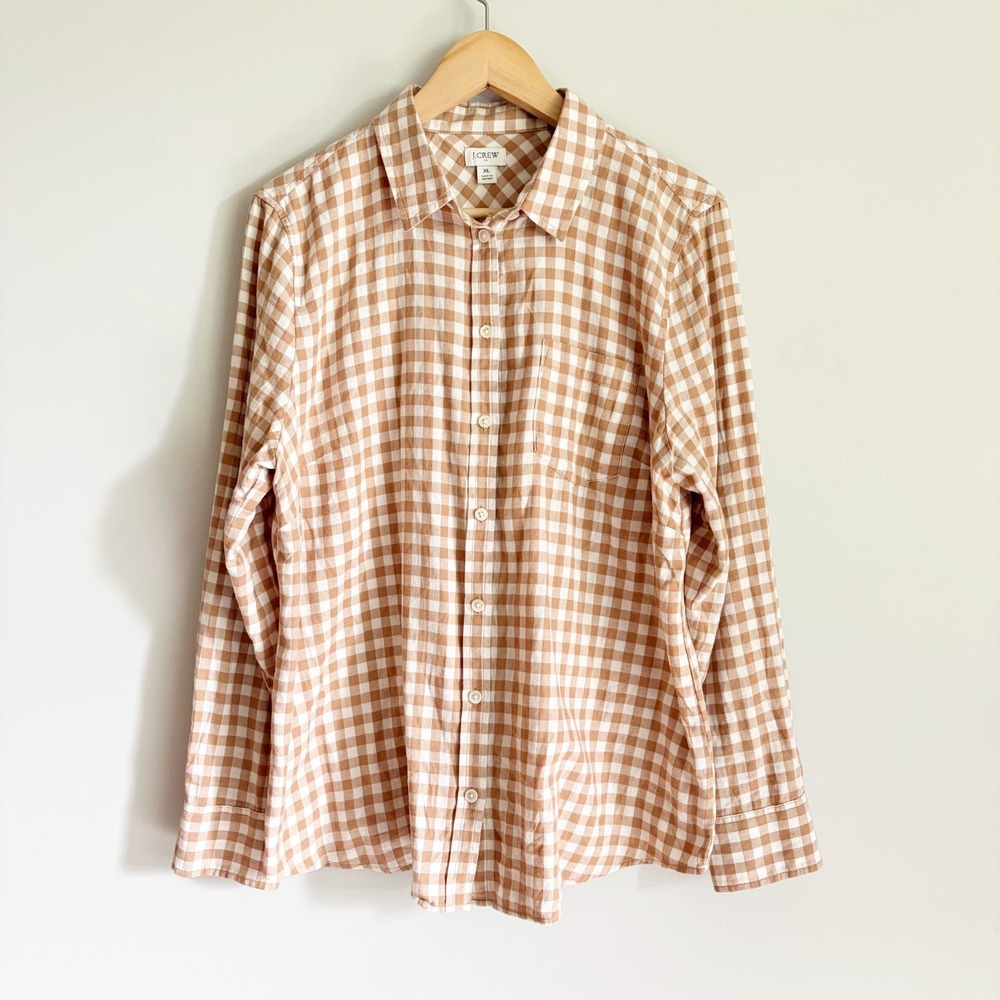 J. Crew Shirt Plaid Tan Gingham Check Button Down Sz XL Countryside Cottagecore